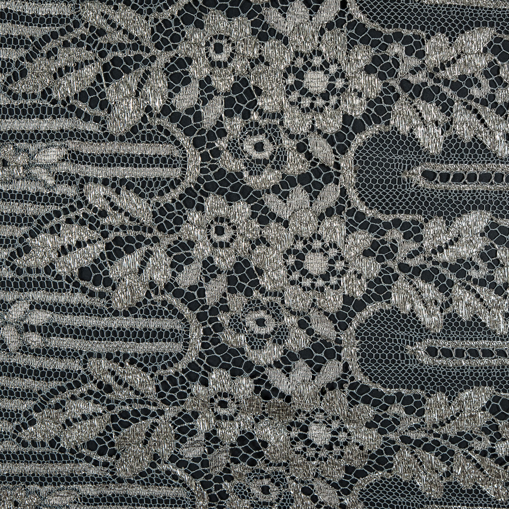 Metallic Lace with Eyelash Fringe Edges - Aqua Gray and Silver Striped Floral - Made in France