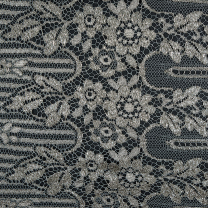 Metallic Lace with Eyelash Fringe Edges - Aqua Gray and Silver Striped Floral - Made in France