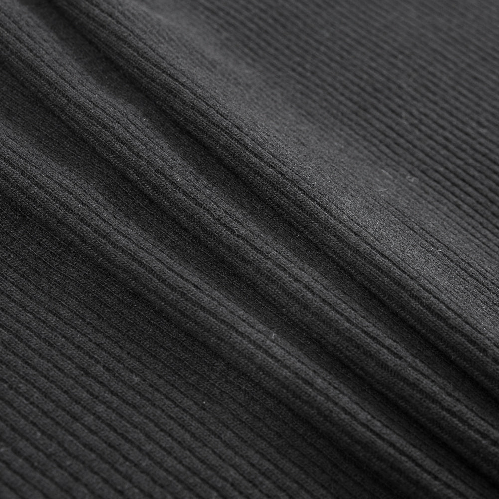 Italian Black 2x2 Wool Rib Knit - Folded