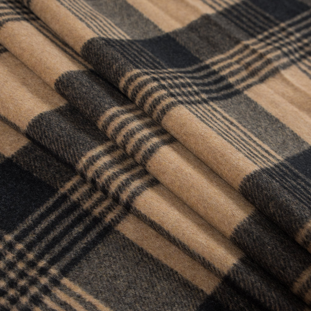 Italian Camel and Black Plaid Brushed Wool Twill - Folded