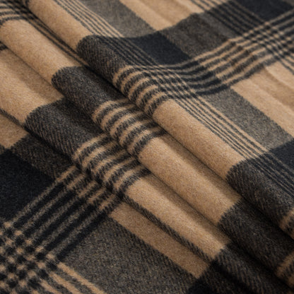Italian Camel and Black Plaid Brushed Wool Twill - Folded
