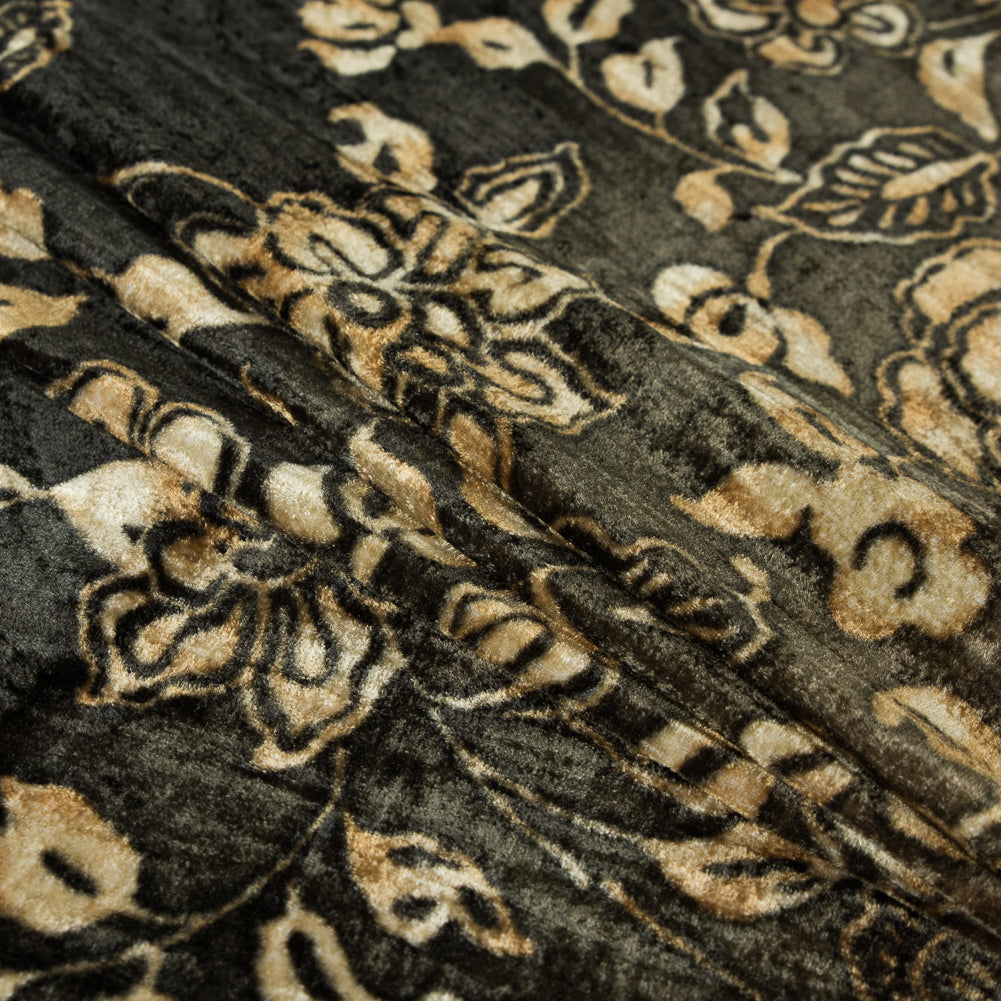 Forest Night and Bright Gold Floral Printed Crinkled Velvet