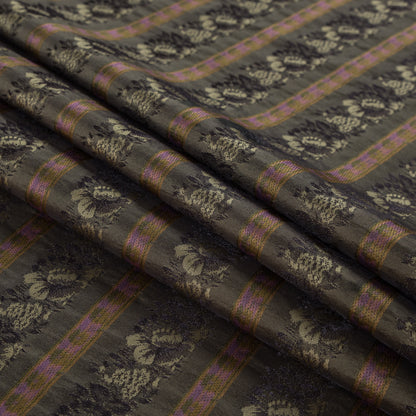 Olive Green Polyester Blend with Woven Floral Stripes - Folded