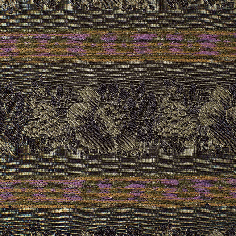 Olive Green Polyester Blend with Woven Floral Stripes - Detail