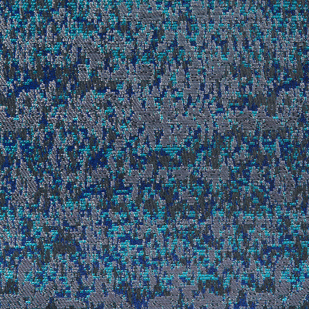Metallic Dazzling Blue, Tropical Green and Silver Abstract Brocade Detail