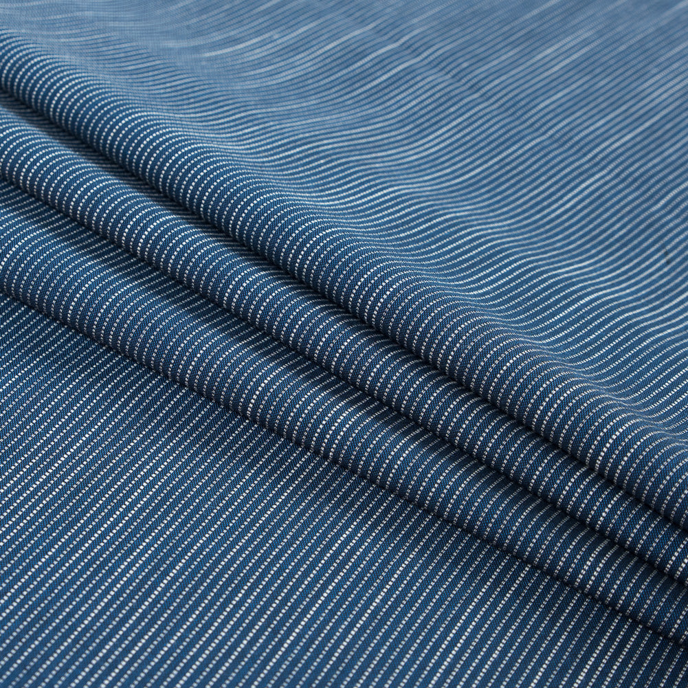 Steven Alan Insignia Blue and White Broken Pinstriped Rayon Shirting Folded