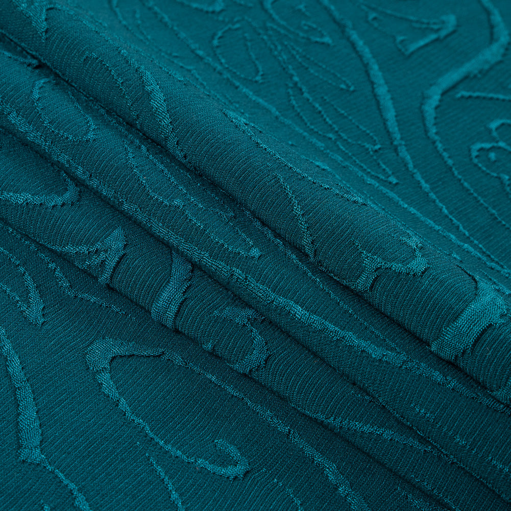Deep Teal Stretch Polyester Knit with Raised Paisley Pattern Folded