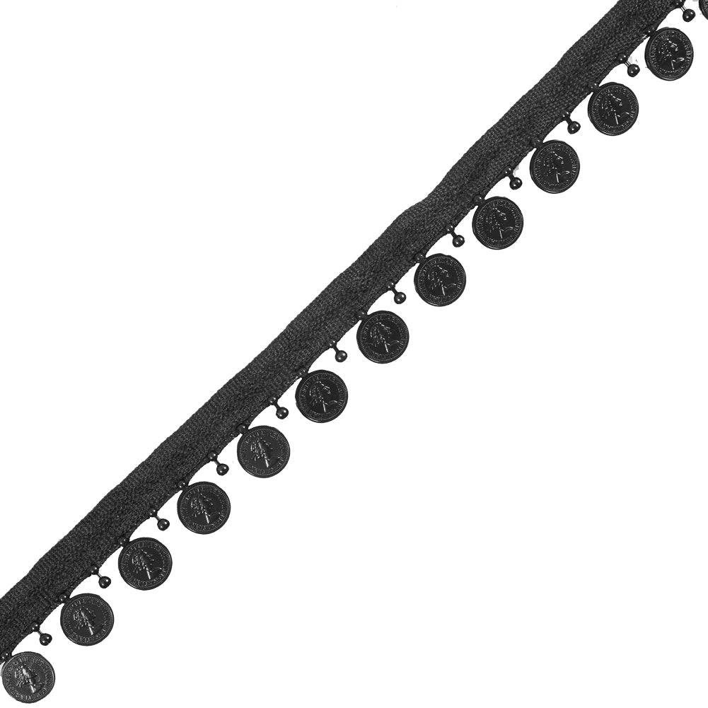 Black Beaded Coin Trim with Lip - 1" Detail