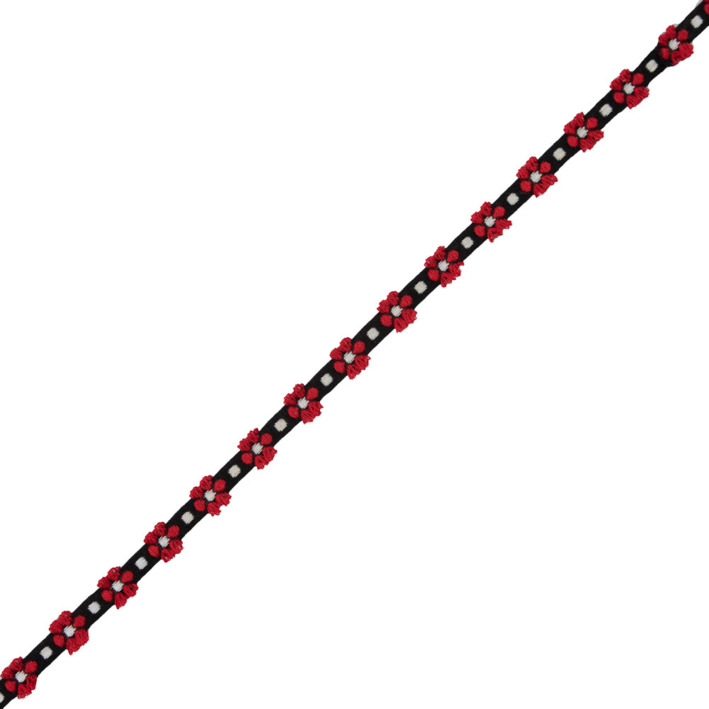 Red and Black Cotton Floral Trim - 0.375"