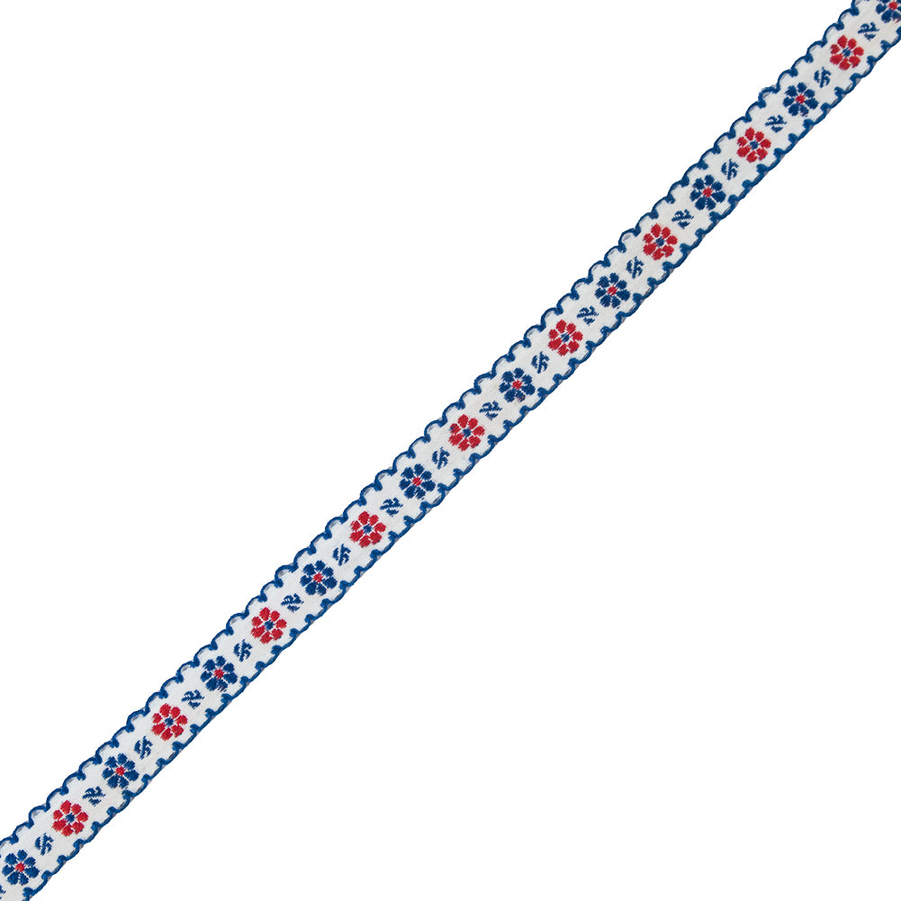 Red, White and Blue Cotton Floral Ribbon - 0.5"