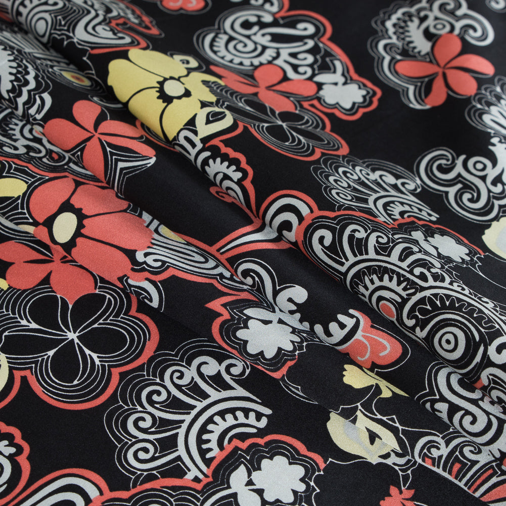 Black, Red Yucca and Linden Green Floral Printed Silk Charmeuse