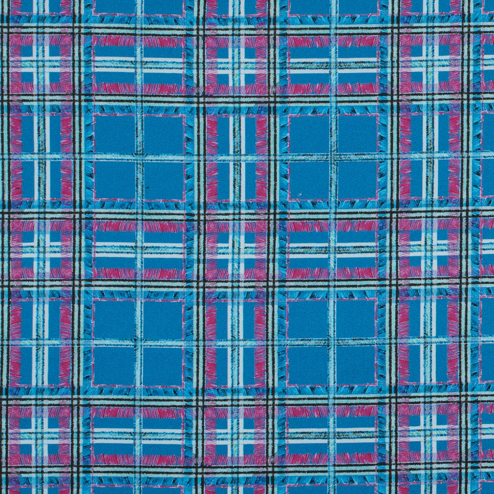 Blue and Pink Plaid Printed Stretch Cotton Sateen