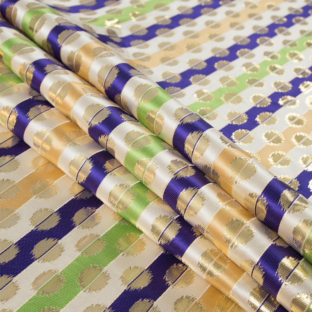 Deep Blue, Jasmine Green and Metallic Gold Polka Dotted and Striped Brocade Folded