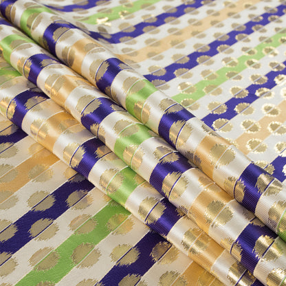 Deep Blue, Jasmine Green and Metallic Gold Polka Dotted and Striped Brocade Folded