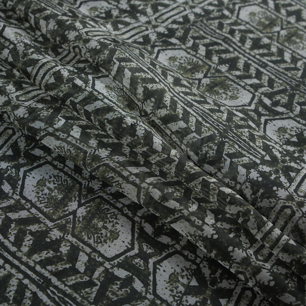 Rifle Green Tribal Printed Silk Chiffon Folded
