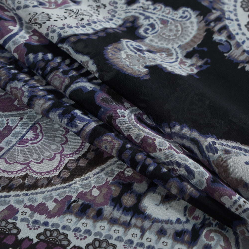 Purple and Black Paisley Printed Silk Chiffon