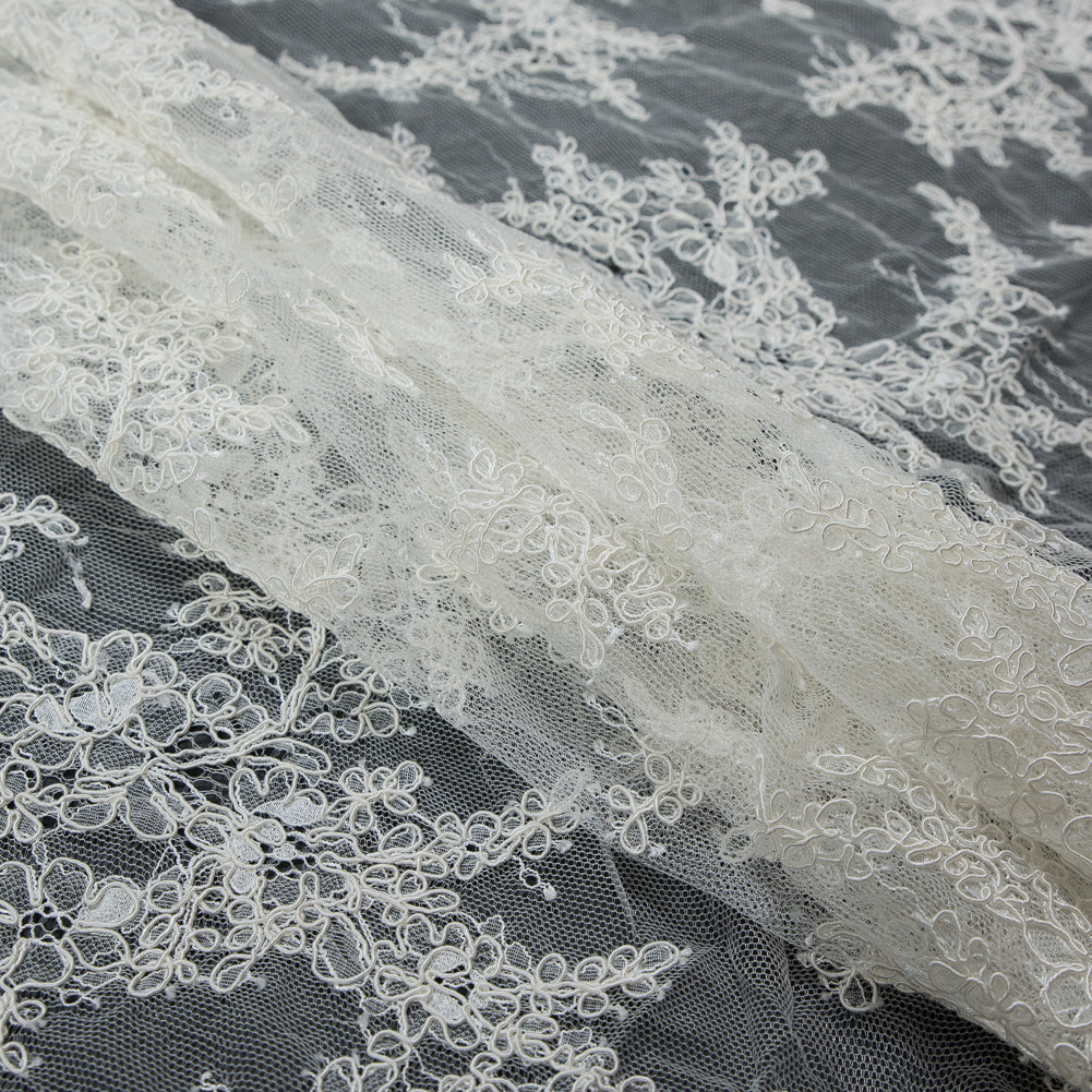 Corded Lace Panel With Finished Edges - Ivory Floral Fancy Border - 3 yards Folded