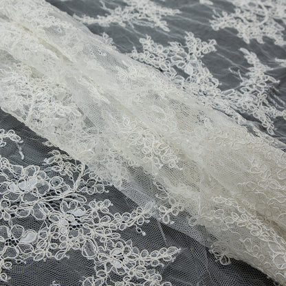 Corded Lace Panel With Finished Edges - Ivory Floral Fancy Border - 3 yards Folded