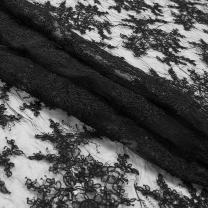 Corded Lace Panel With Finished Edges - Black Floral Fancy Border - 3 yards Folded