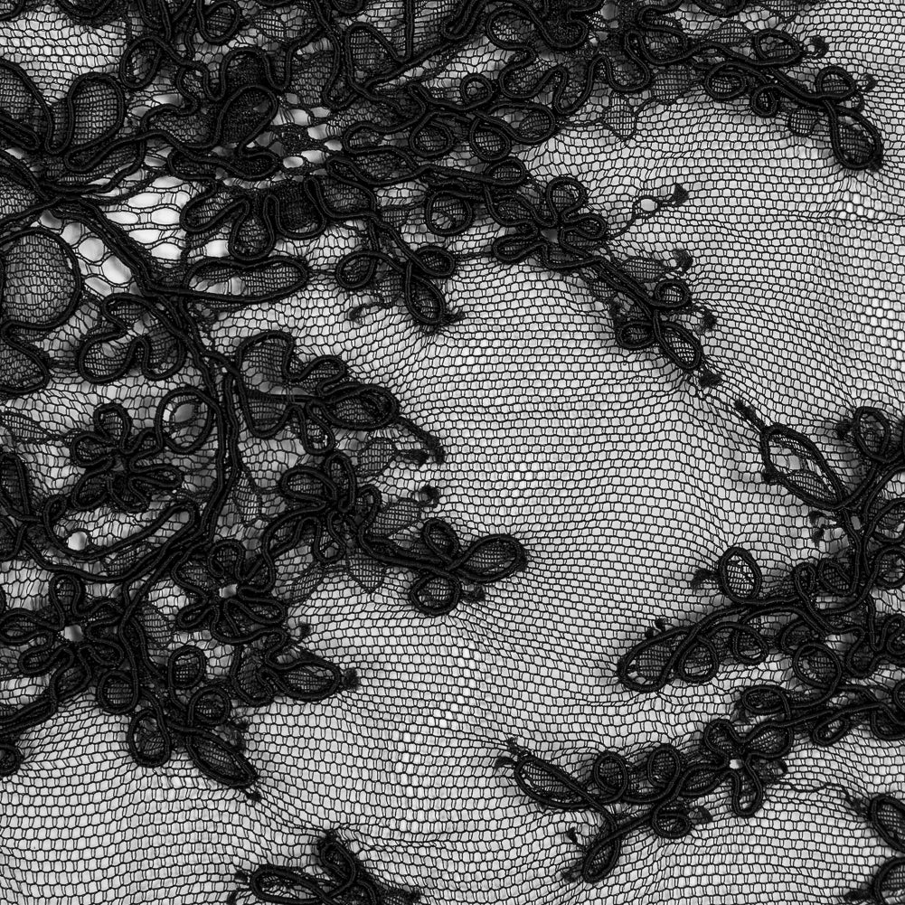 Corded Lace Panel With Finished Edges - Black Floral Fancy Border - 3 yards Detail