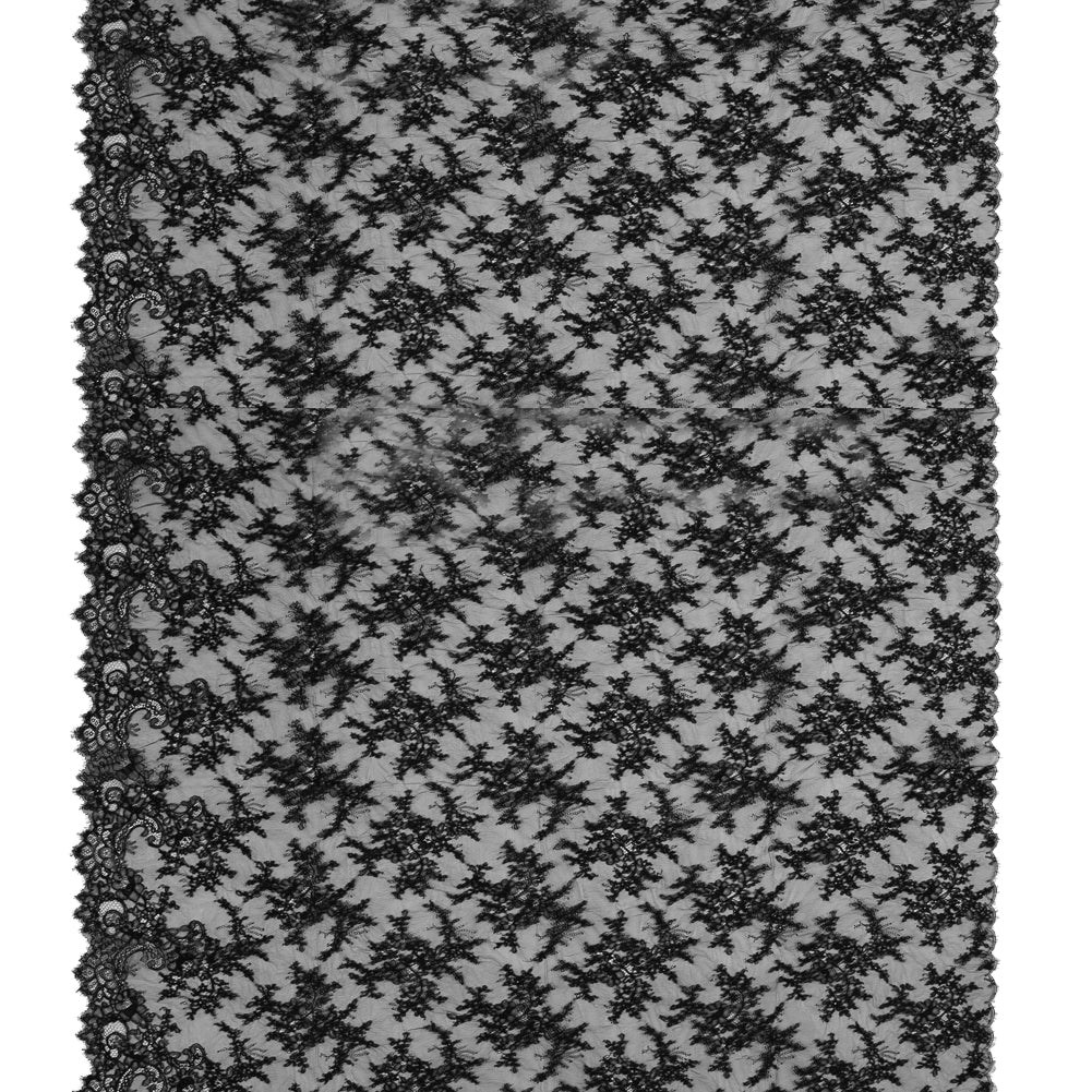 Corded Lace Panel With Finished Edges - Black Floral Fancy Border - 3 yards Full
