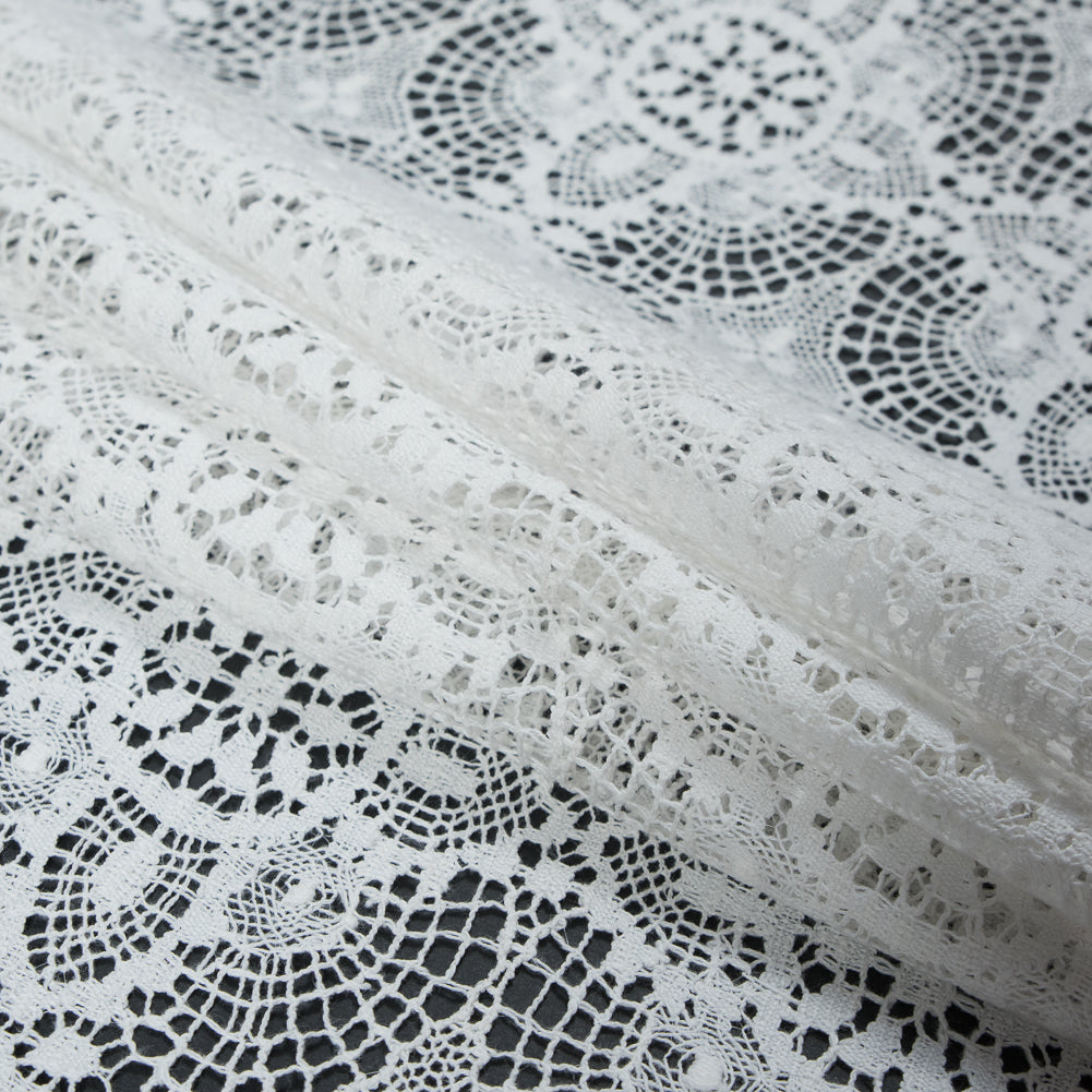Cluny Lace with Scalloped Eyelash Edges - White Flower Medallions Detail