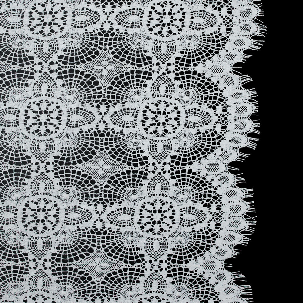 Cluny Lace with Scalloped Eyelash Edges - White Flower Medallions