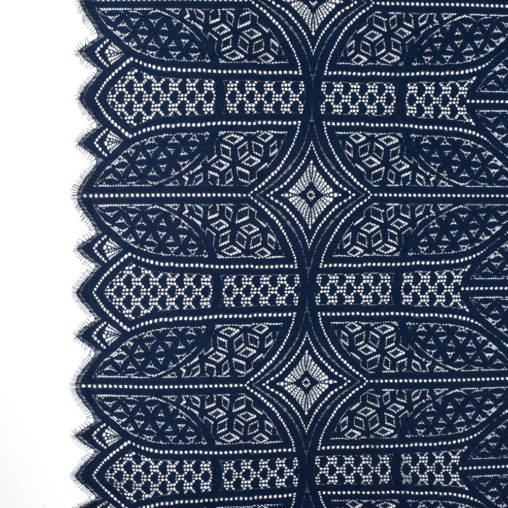 Lace with Finished Eyelash Edges - Navy Geometric