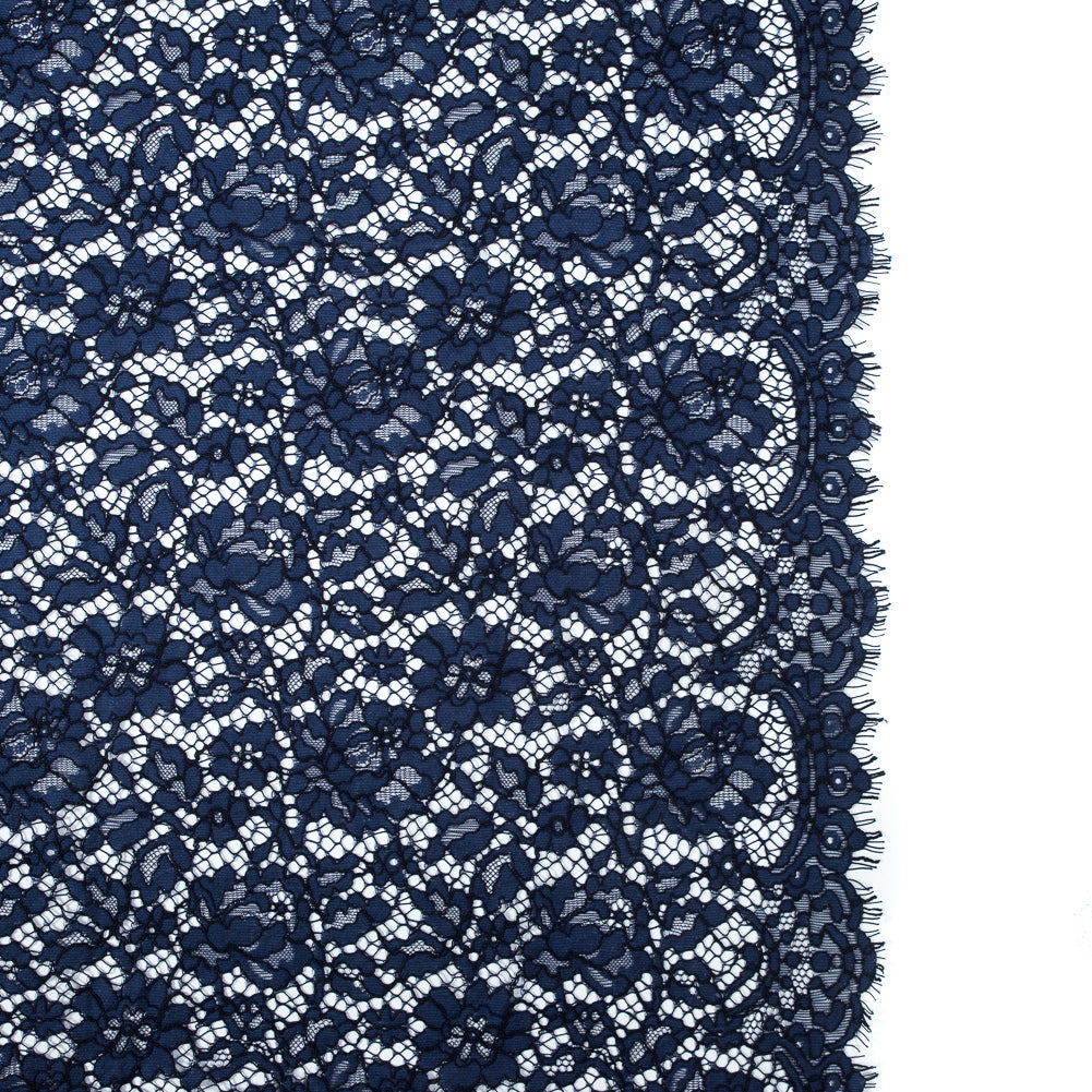 Evening Blue Floral Re-Embroidered Lace with Finished Eyelash Edges