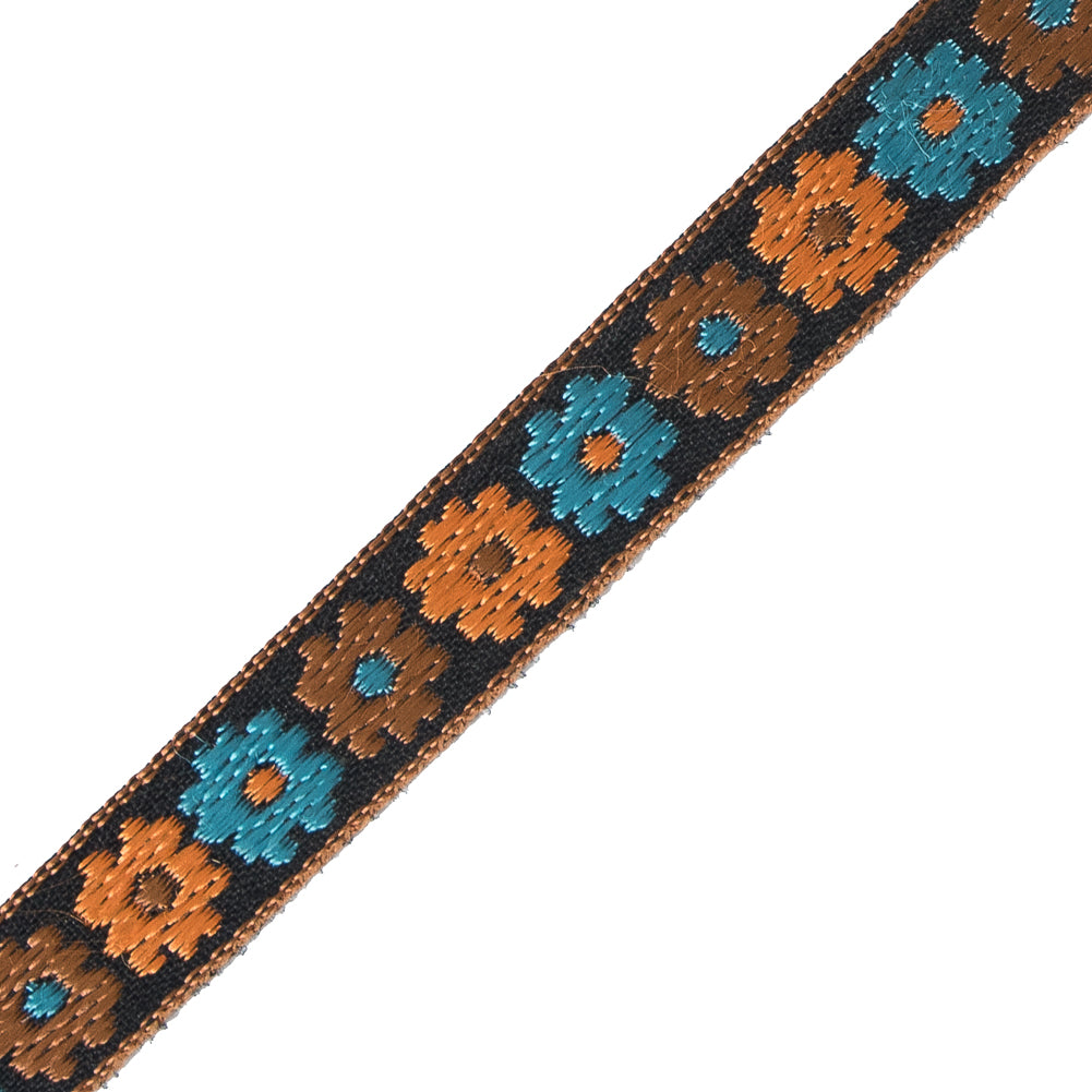 Orange and Blue Floral Embroidered Ribbon - 0.5" Detail