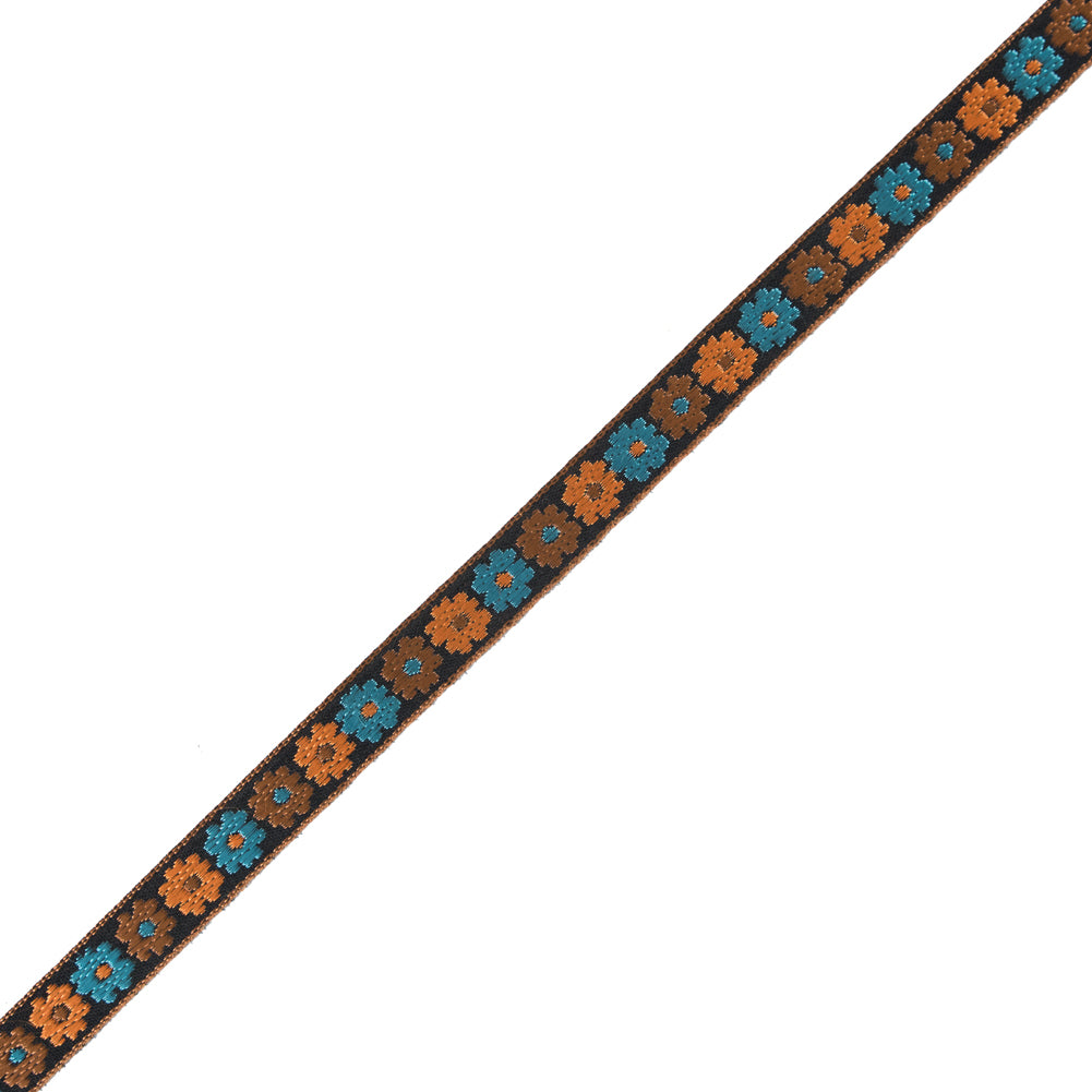 Orange and Blue Floral Embroidered Ribbon - 0.5"