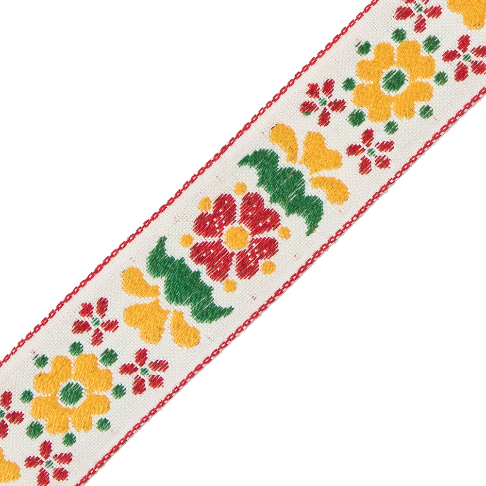 German Red and Yellow Floral Jacquard Ribbon - 0.875" Detail