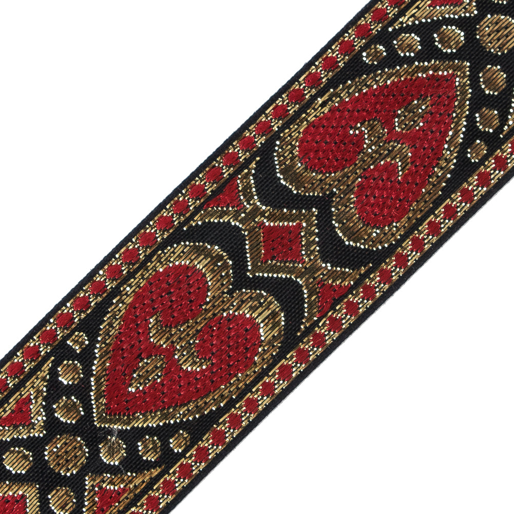 Metallic Gold and Red Hearts Jacquard Ribbon - 1.5" Detail
