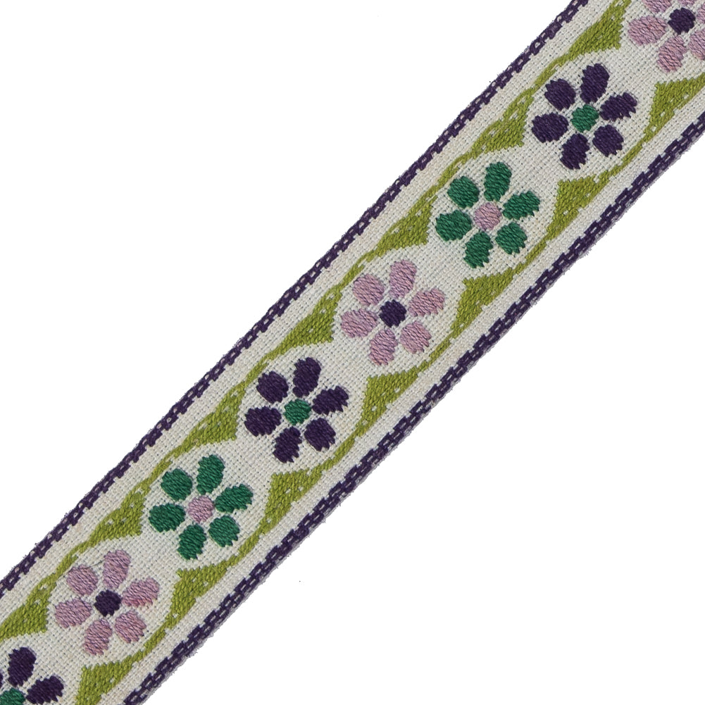 German Green and Lilac Floral Jacquard Ribbon - 0.75" Detail