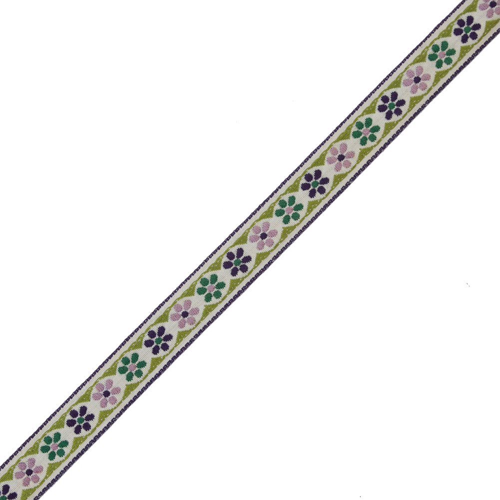 German Green and Lilac Floral Jacquard Ribbon - 0.75"