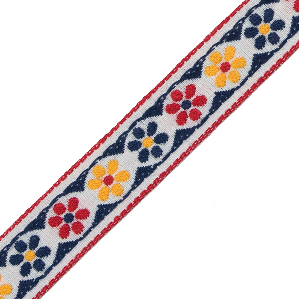 German Blue and Red Floral Jacquard Ribbon - 0.75" Detail