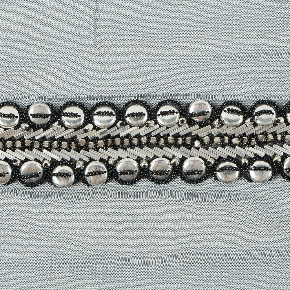 Black and Silver Fancy Beaded Metal Trim - 1.5" Detail