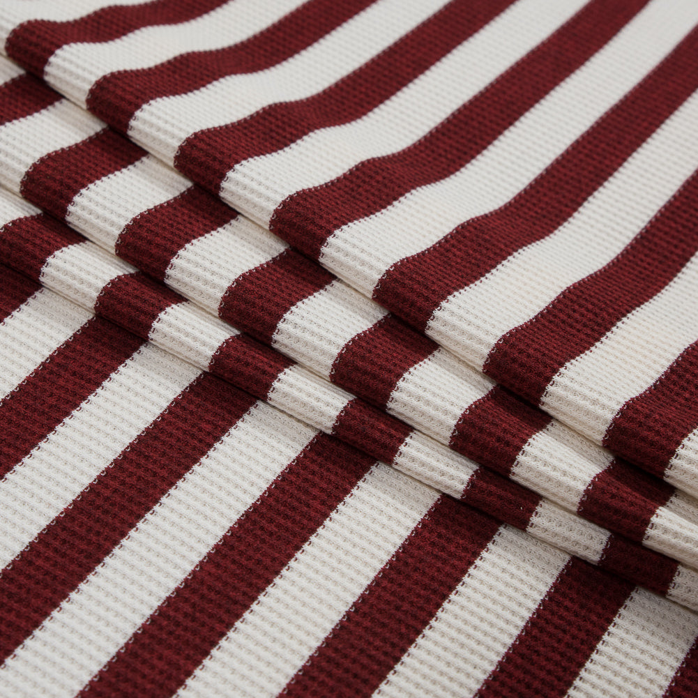 Italian Brick Red Awning Striped Cotton Waffle Knit Folded
