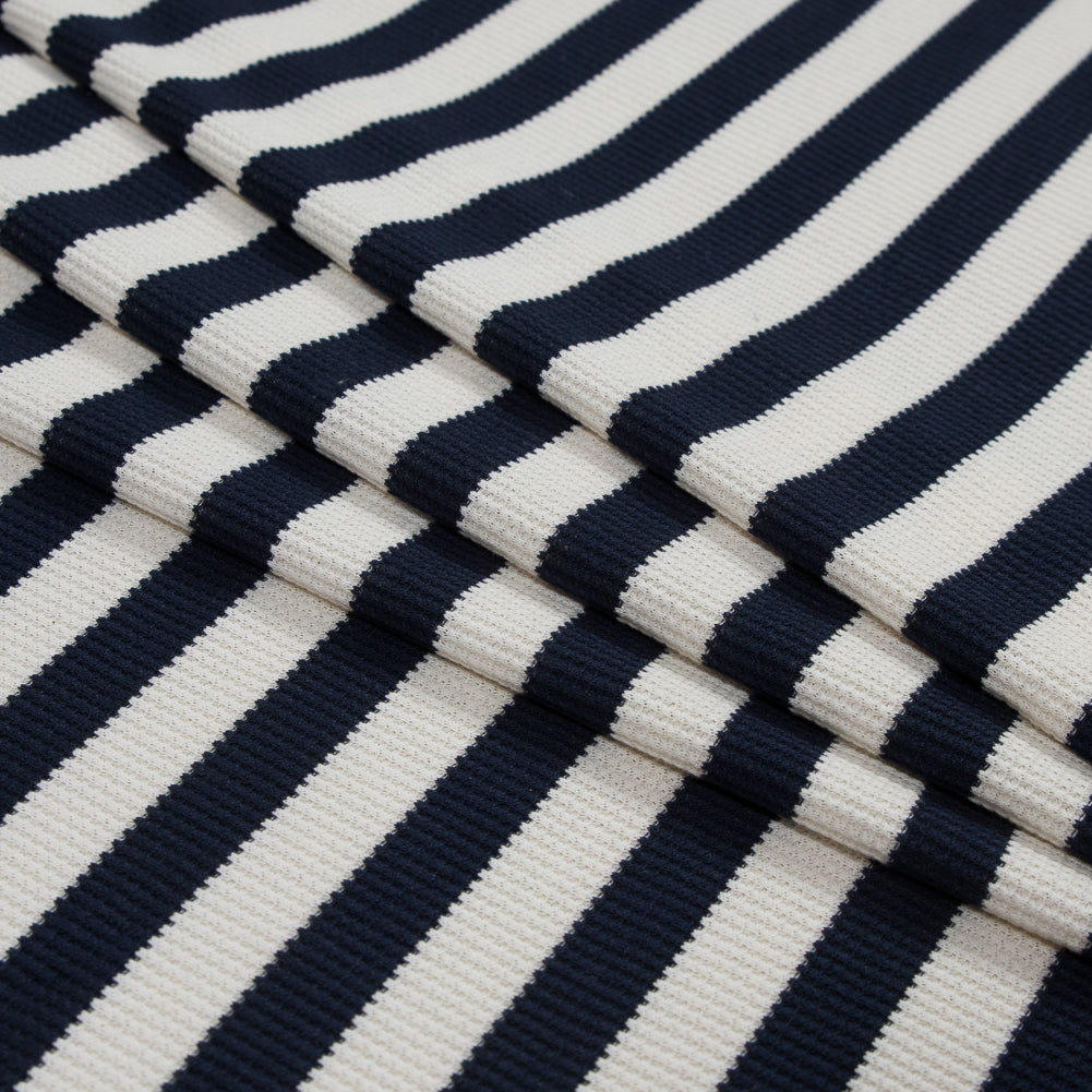 Italian Navy Awning Striped Cotton Waffle Knit Folded