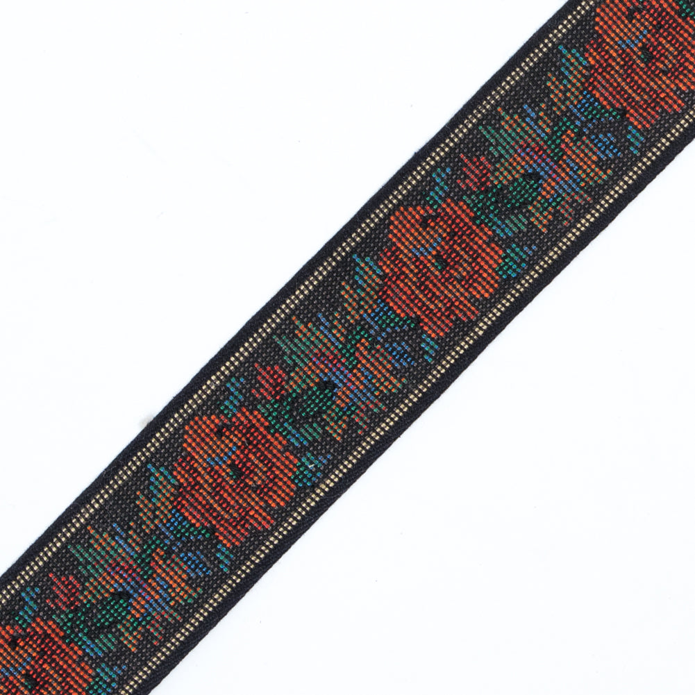 Orange and Black Floral Jacquard Ribbon - 1.125" Detail