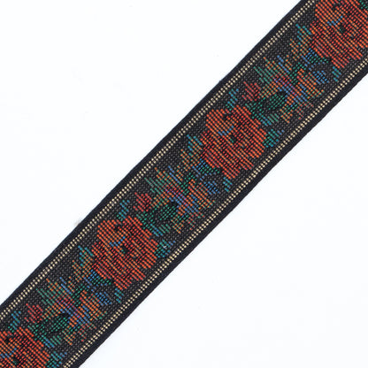 Orange and Black Floral Jacquard Ribbon - 1.125" Detail