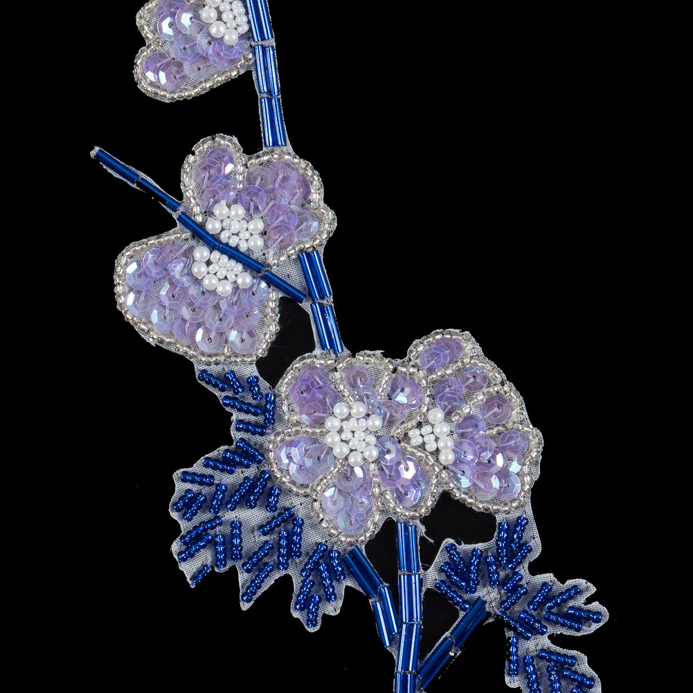 Blue and Purple Floral Beaded and Sequined Left Side Applique - 7.25”   X   2.75” Detail