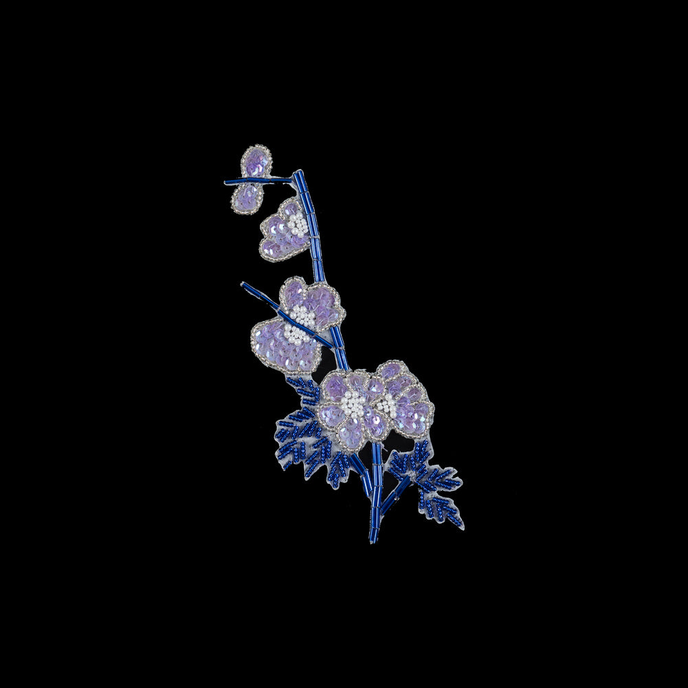 Blue and Purple Floral Beaded and Sequined Left Side Applique - 7.25”   X   2.75”