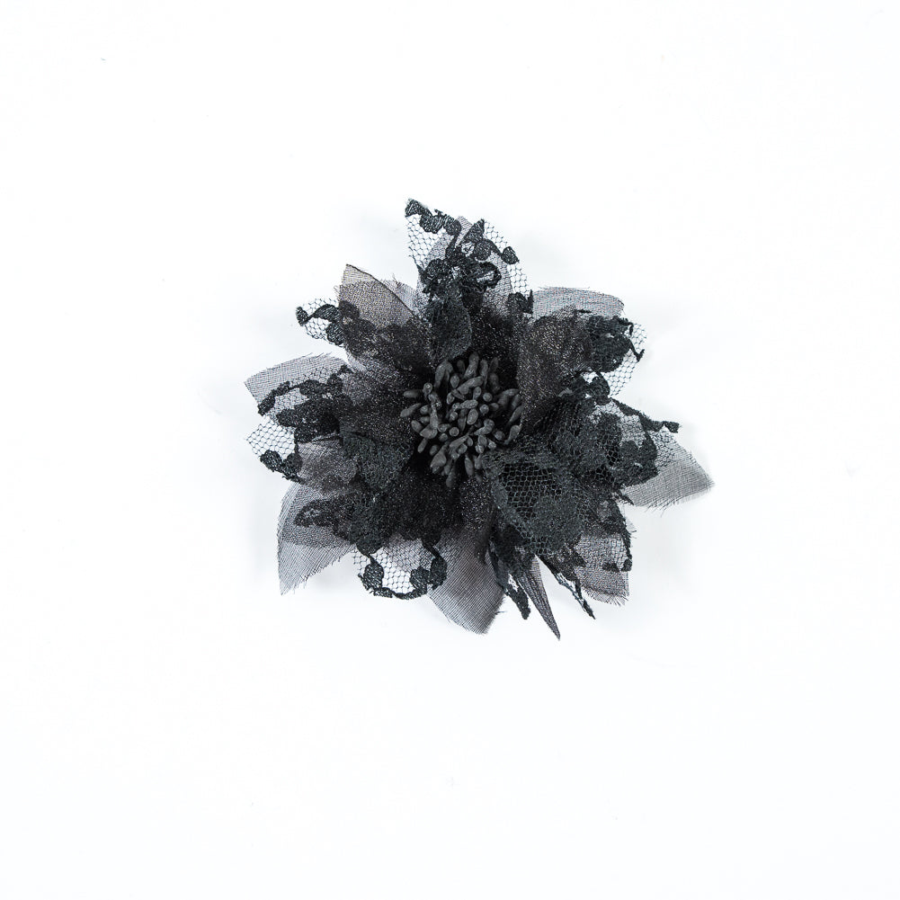 Black Organza and Lace Flower Pin - 4" x 4"