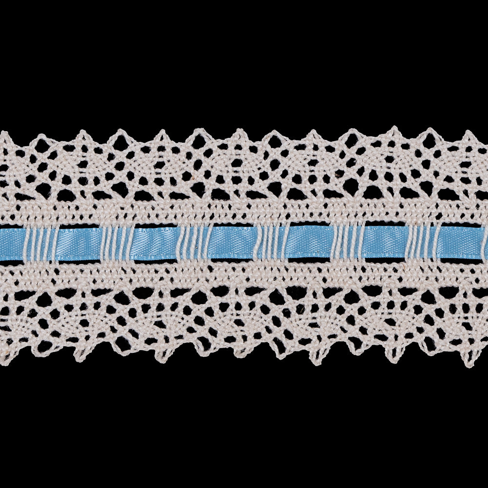 Cream Crochet Trim with Blue Ribbon - 2.25" Detail