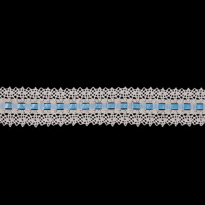 Cream Crochet Trim with Blue Ribbon - 2.25"