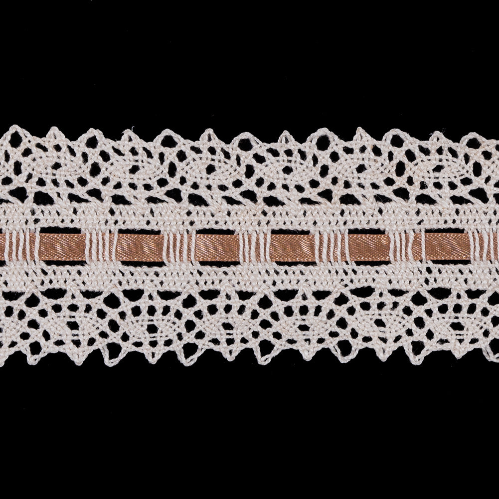 Cream Crochet Trim with Beige Ribbon - 2.25" Detail