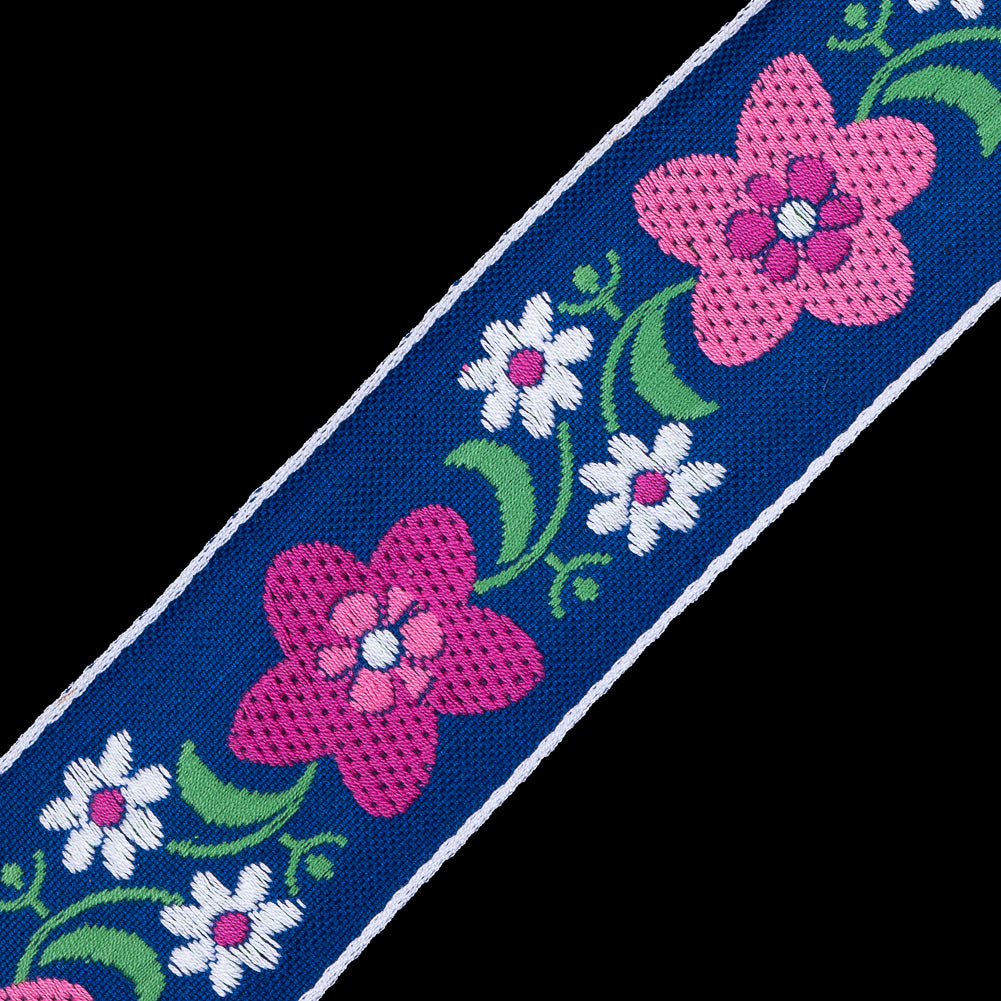 Blue and Pink Floral Jacquard Ribbon - 2" Detail