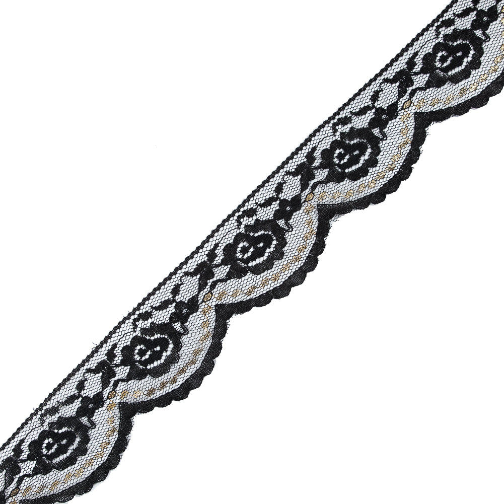 Black and Metallic Gold Scallop Edge Lace Trim - 2"