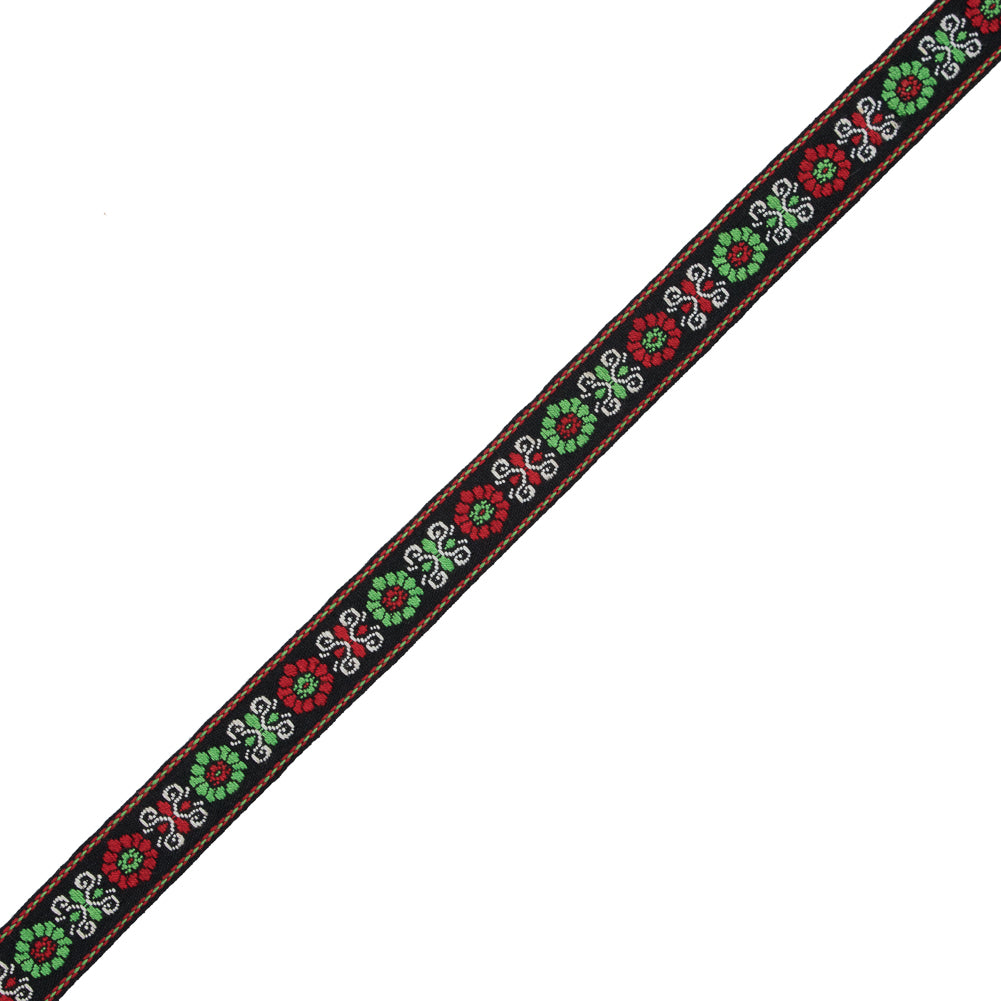 Red and Green Floral German Jacquard Ribbon - 0.75"